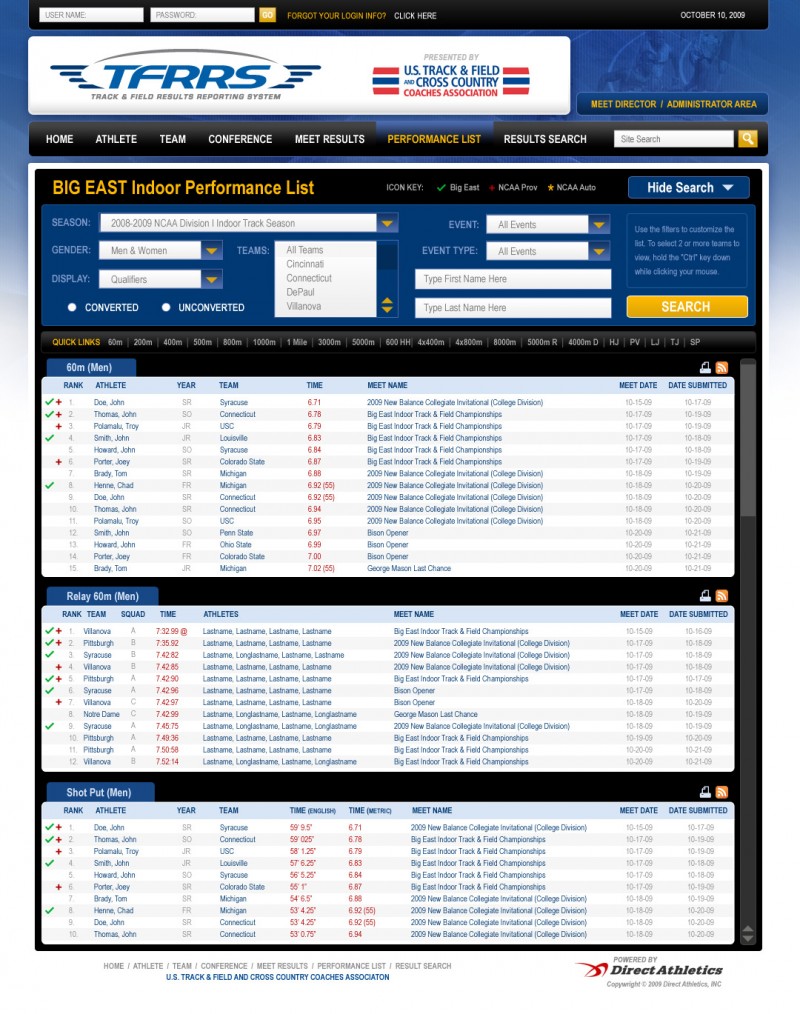 NCAA Track and Field Results Reporting System Website Design Shawn