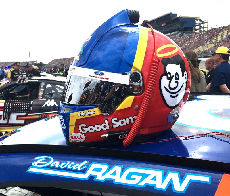 David Ragan's Helmet on pit road before the NASCAR race at Michigan.