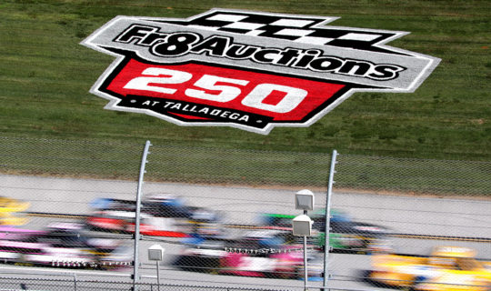 Fr8Auctions 250 logo painted on the infield of Talladega Super Speedway
