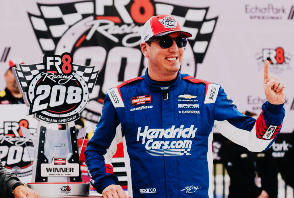 2026 Fr8 Racing 208 winner Kyle Busch with the Fr8 Racing 208 Trophy. 